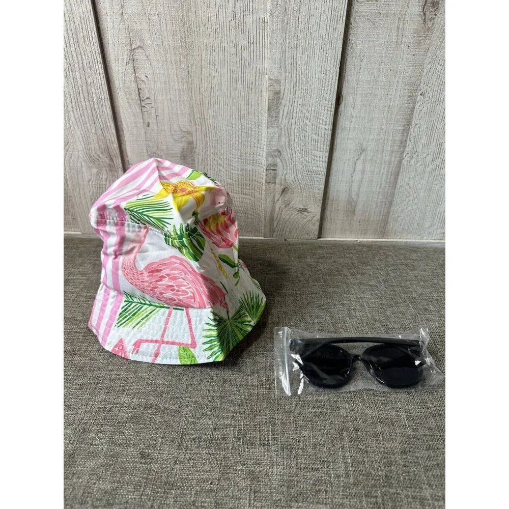 Hawaiian 4 pc Shirt Shorts Set Size XL w/ Bucket Hat & Sunglasses Beach Flamingo - Picture 7 of 8